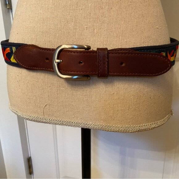 THE BELTED COW BELT BLUE CANVAS RED CHILI PEPPER BROWN LEATHER SIZE 34 USA - Picture 2 of 8